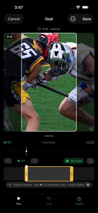 The vertical 9:16 editor reframing a lacrosse clip for social