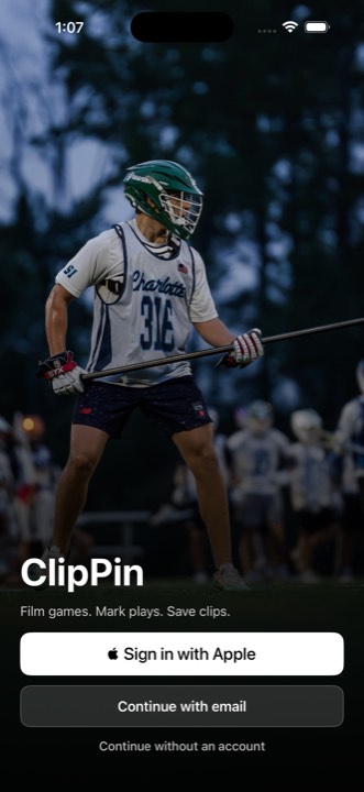 ClipPin on iPhone: a lacrosse player at dusk, with the tagline “Film games. Mark plays. Save clips.”